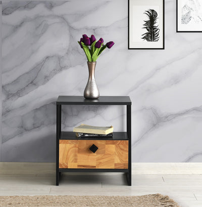 Comodino design con vano a giorno e anta a ribalta in legno bicolore cm 45x41x50h
