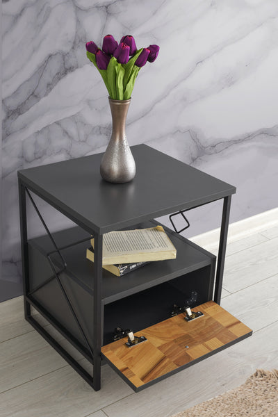 Comodino design con vano a giorno e anta a ribalta in legno bicolore cm 45x41x50h