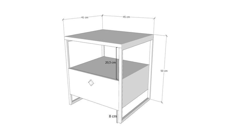 Comodino design con vano a giorno e anta a ribalta in legno bicolore cm 45x41x50h