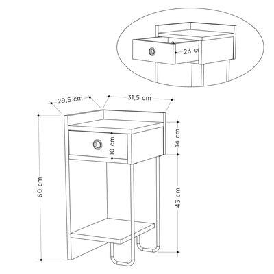 Comodino da notte moderno con vano a giorno e cassetto lato destro cm 30x32x60h