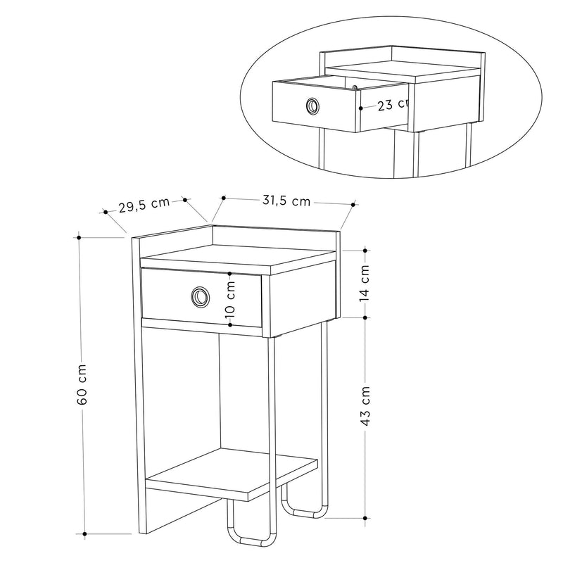 Comodino da notte moderno con vano a giorno e cassetto lato destro cm 30x32x60h