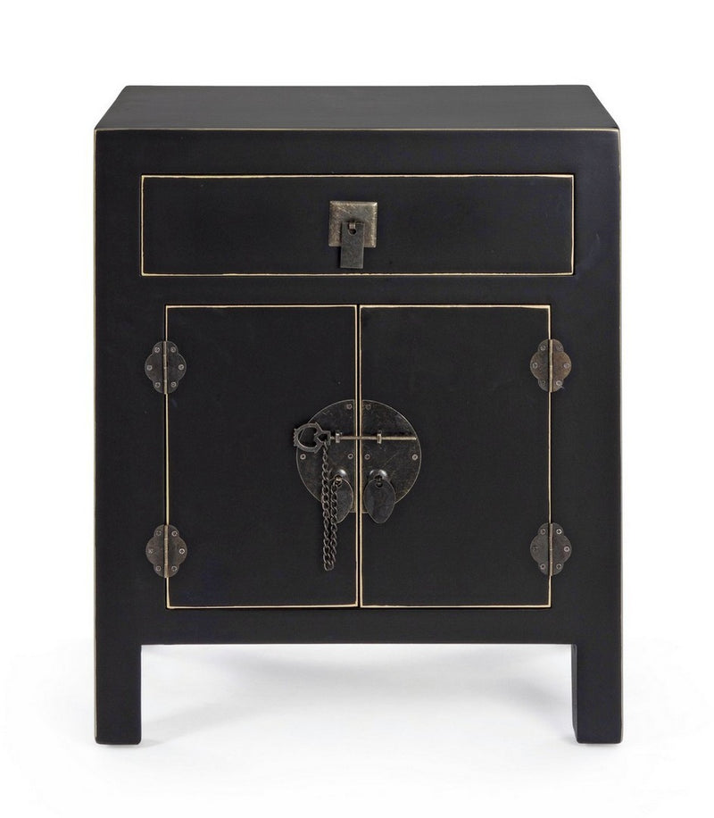 Comodino con cassetto e 2 ante in legno nero con bordino dorato cm 44x32x55h