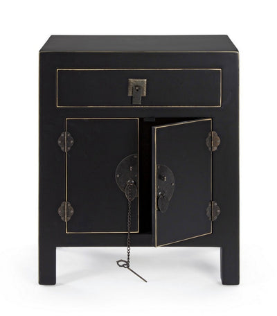 Comodino con cassetto e 2 ante in legno nero con bordino dorato cm 44x32x55h