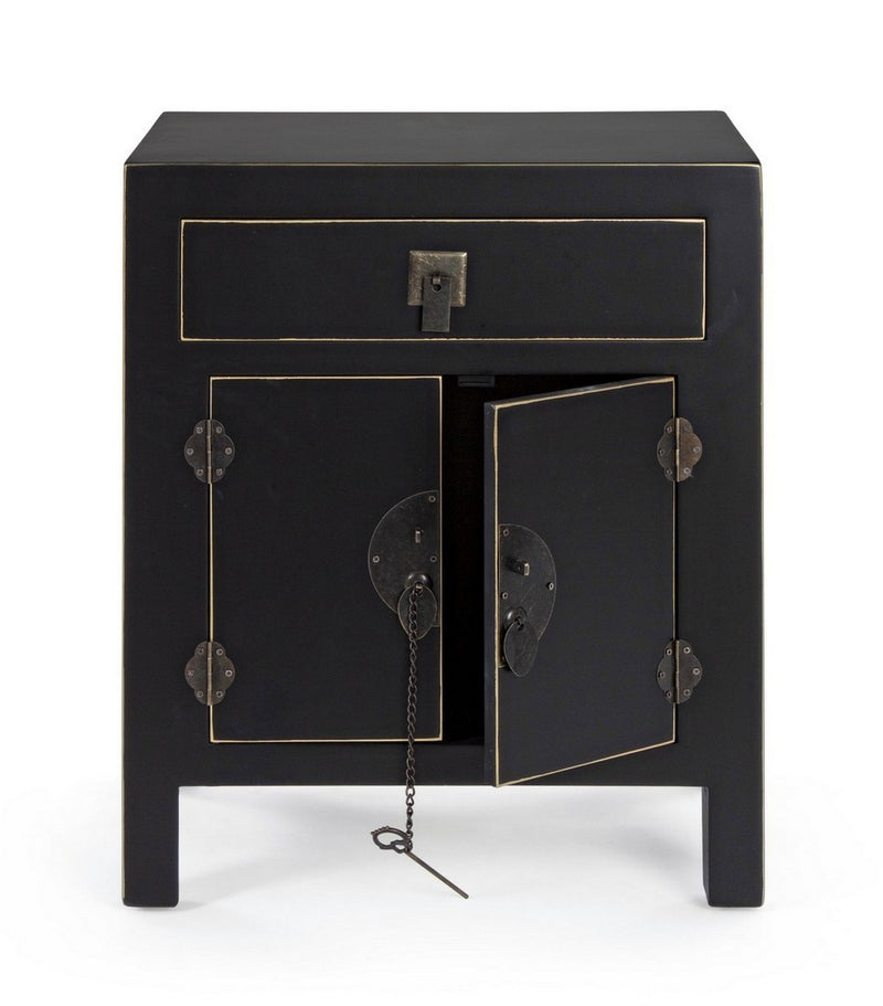 Comodino con cassetto e 2 ante in legno nero con bordino dorato cm 44x32x55h