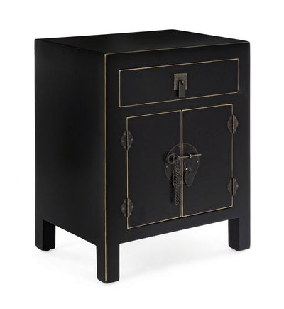 Comodino con cassetto e 2 ante in legno nero con bordino dorato cm 44x32x55h