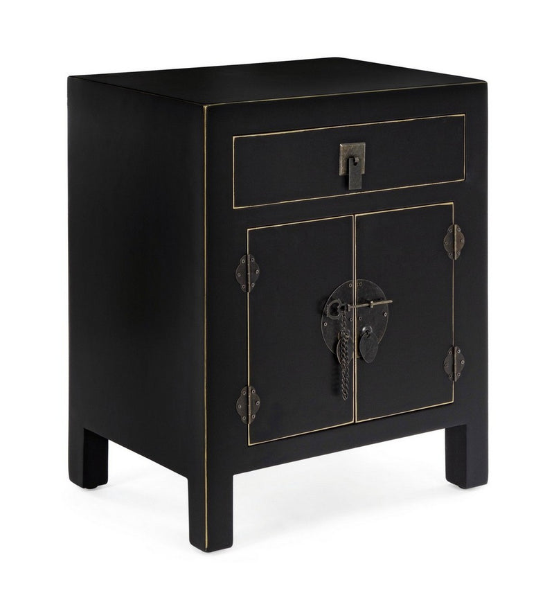 Comodino con cassetto e 2 ante in legno nero con bordino dorato cm 44x32x55h