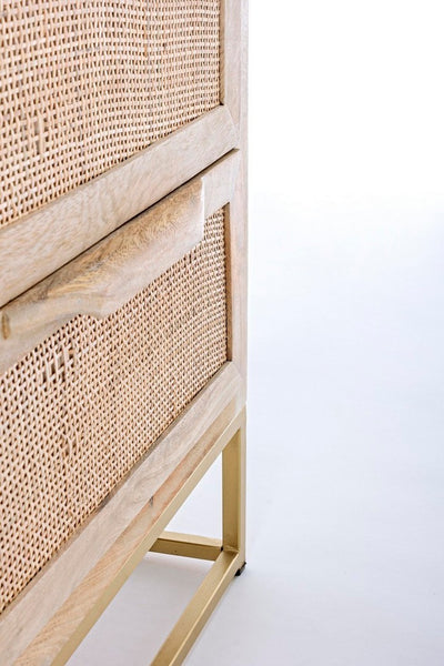 Comodino in legno con struttura in metallo dorato e 2 cassetti colore naturale cm 45x35x55h