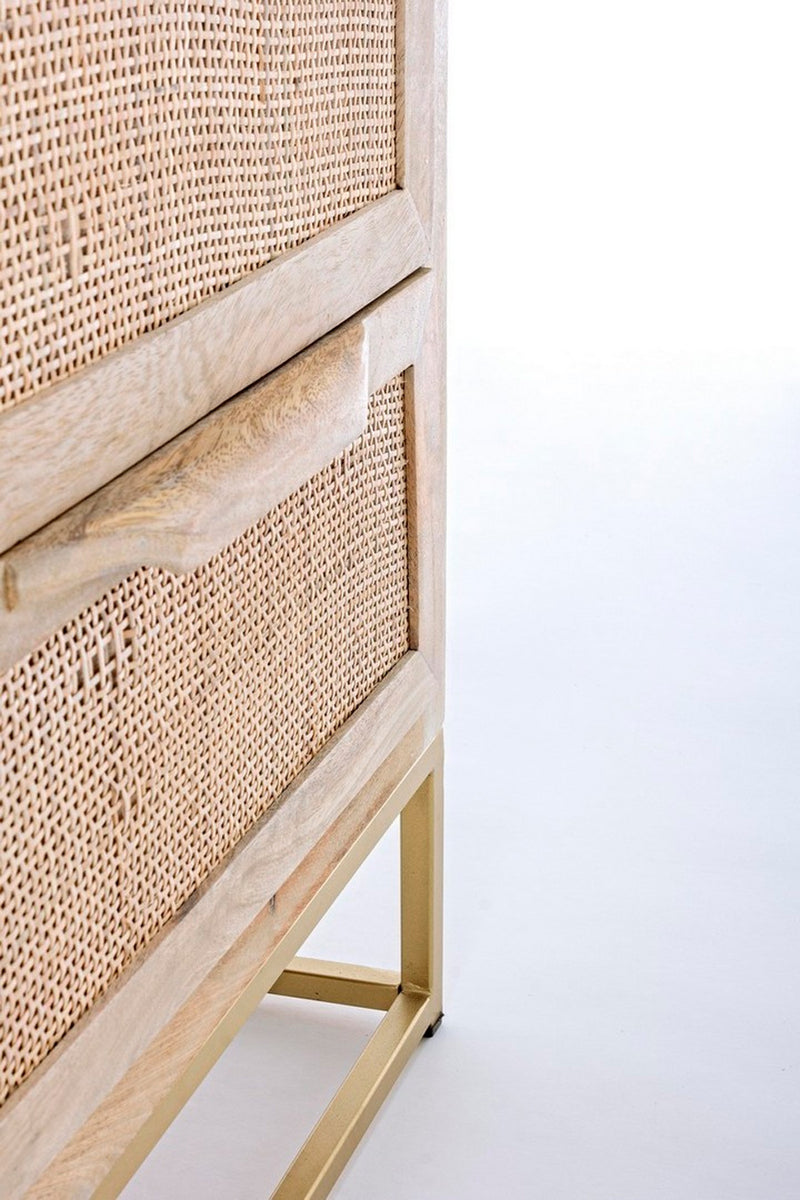 Comodino in legno con struttura in metallo dorato e 2 cassetti colore naturale cm 45x35x55h