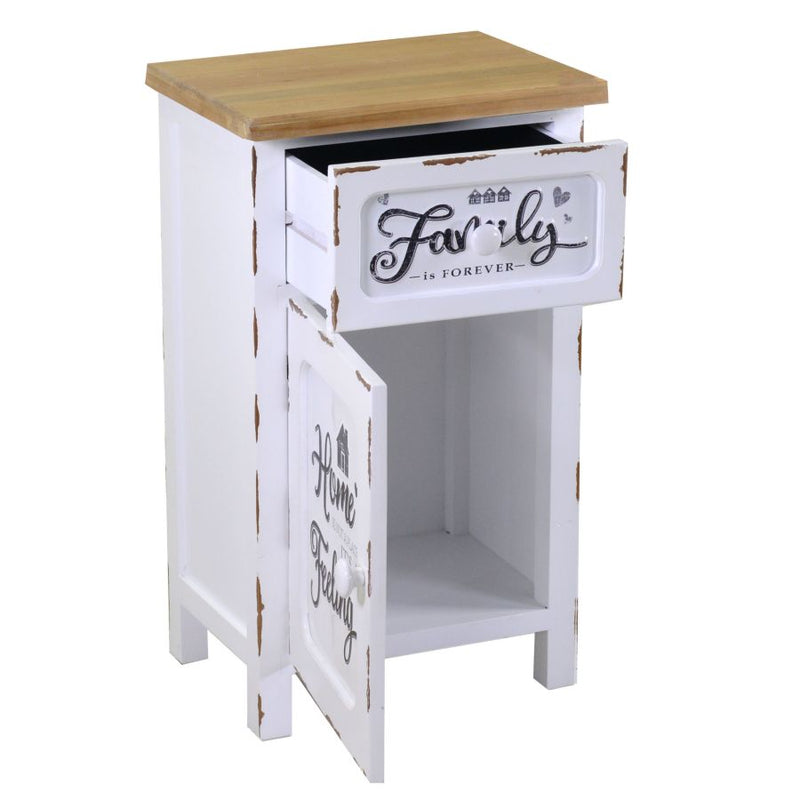 Comodino in legno shabby bianco con anta e cassetto piano legno naturale cm 40x30x67h