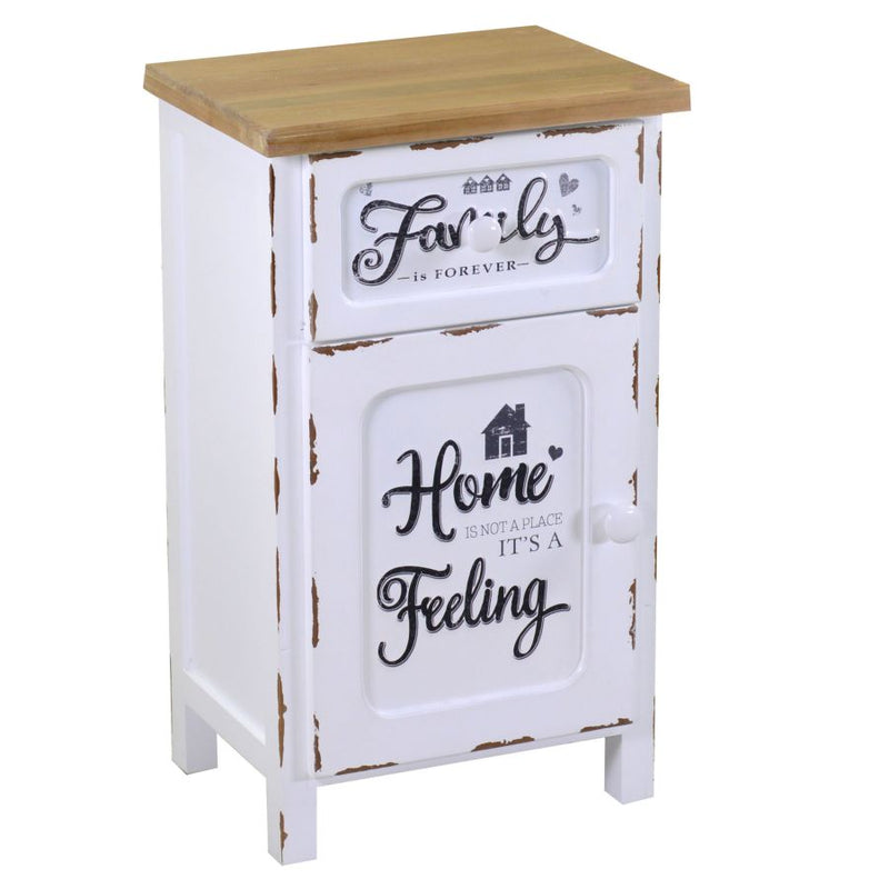 Comodino in legno shabby bianco con anta e cassetto piano legno naturale cm 40x30x67h