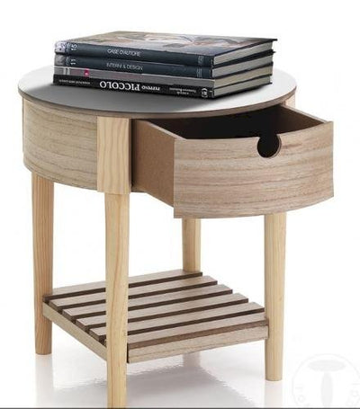 Comodino moderno tondo con cassetto in legno rovere e bianco cm Ø 38x43h