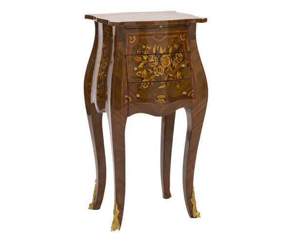 Comodino classico in legno noce e oro 3 cassetti cm 38x30x76h