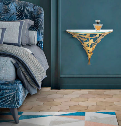 Comodino sospeso mensola in metallo dorato e vetro cm 44x24x34h