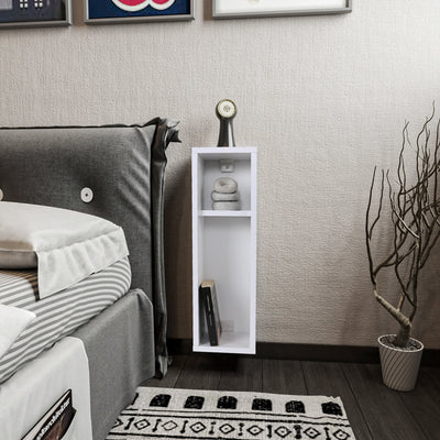 Comodino in stile moderno con due scomparti, disponibile in due colori: bianco opaco e pino opaco. Può essere fissato al muro