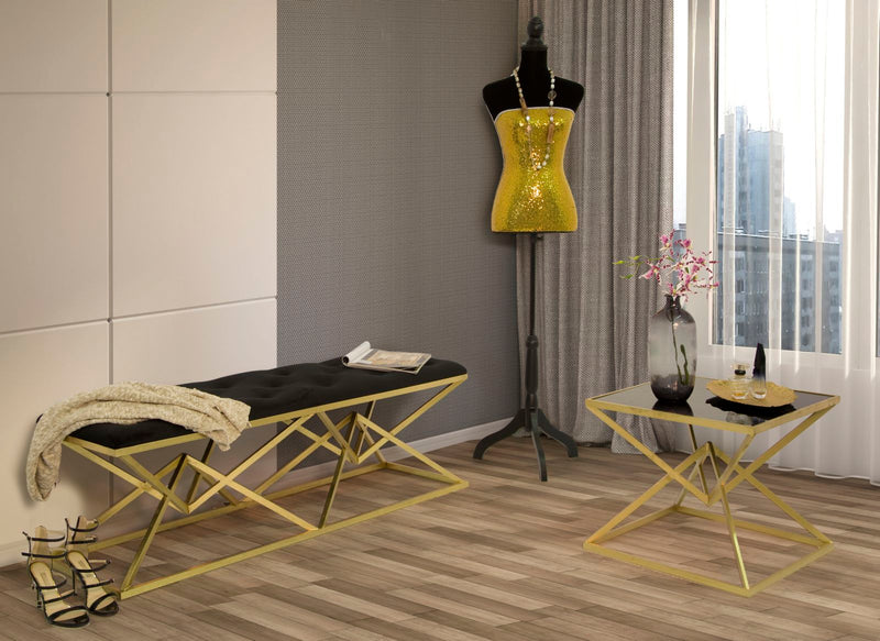 Tavolino da salotto comodino moderno in metallo dorato piano in vetro nero cm 50x50x45h