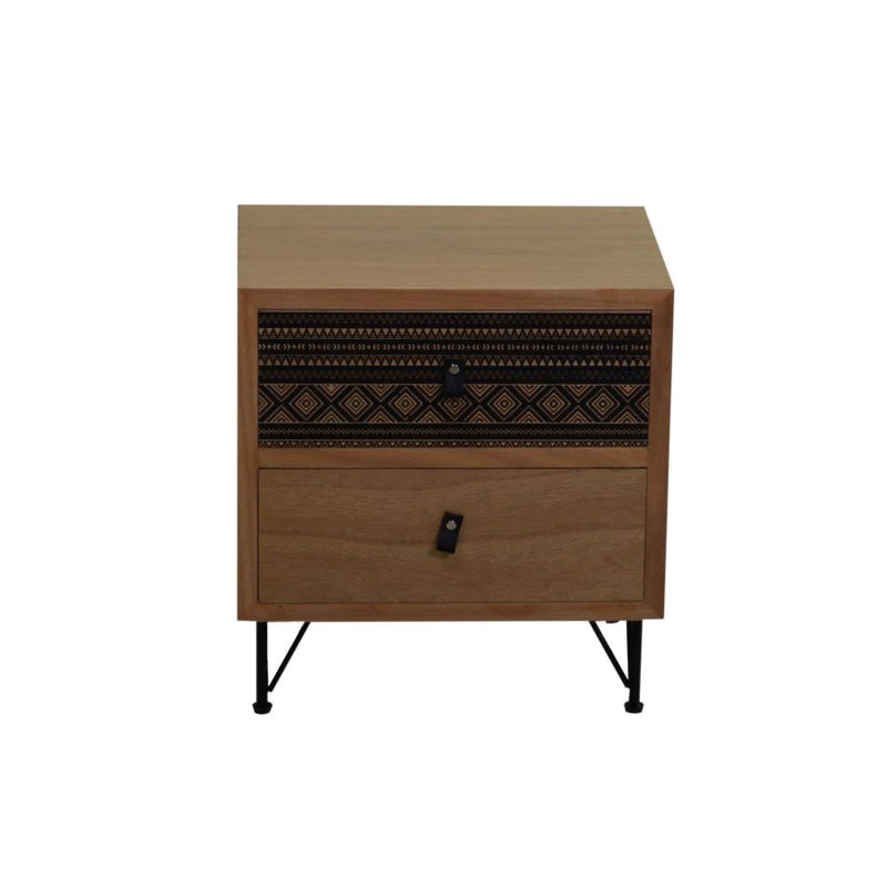 Comodino 2 cassetti stile vintage decorato in legno e metallo cm 40x30x46h