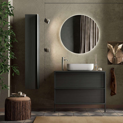 mobile bagno con lavabo e pensile verticale e specchio tondo