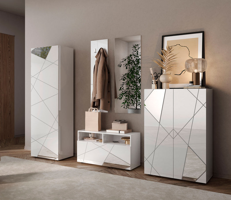 Sicandro - Armadio da ingresso 1 anta bianco lucido serigrafato con specchi cm 60x30x187h