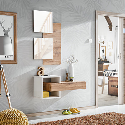 Ebriana - Composizione da ingresso con specchio bianco opaco e rovere cm 100x30x160h