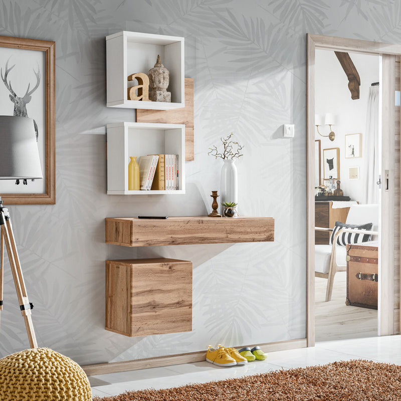 Ofemia - Set ingresso con pensili e vani bianco opaco e rovere cm 100x30x170h