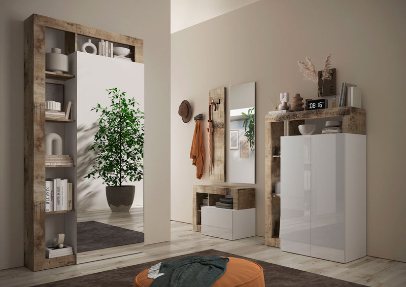 composizione da ingresso con armadio scarpiera mobiletto basso pannello appendiabiti in legno bianco e pero con specchiera