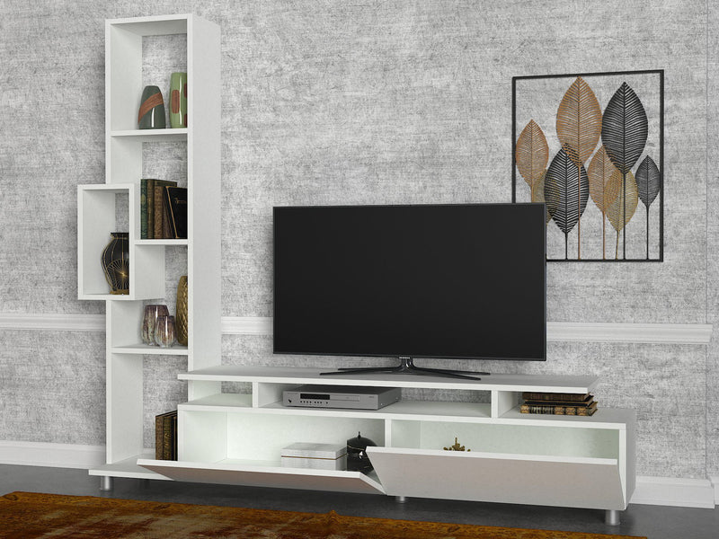 Composizione soggiorno con mobile tv e libreria design in legno bianco cm 160x30x167h