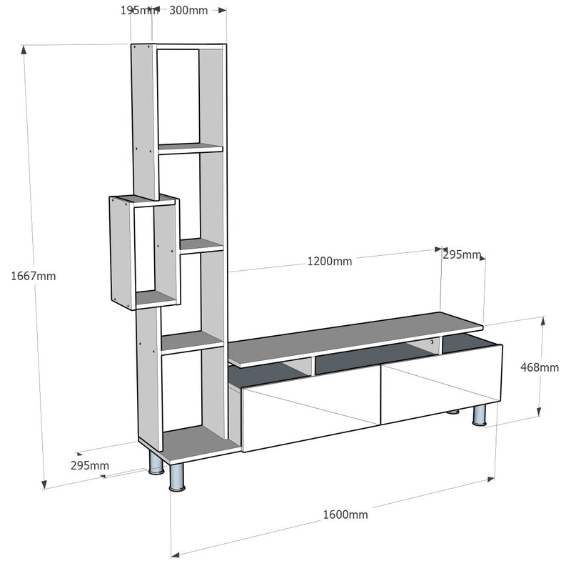 Composizione soggiorno con mobile tv e libreria design in legno bianco cm 160x30x167h