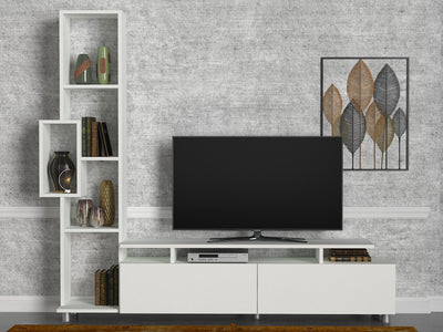 Parete attrezzata in stile moderno in legno colore bianco opaco, composizione unica dotata di mobile tv a 2 ante a ribalta e scaffale libreria a 5 vani a giorni. Dimensioni cm 160x30x167h