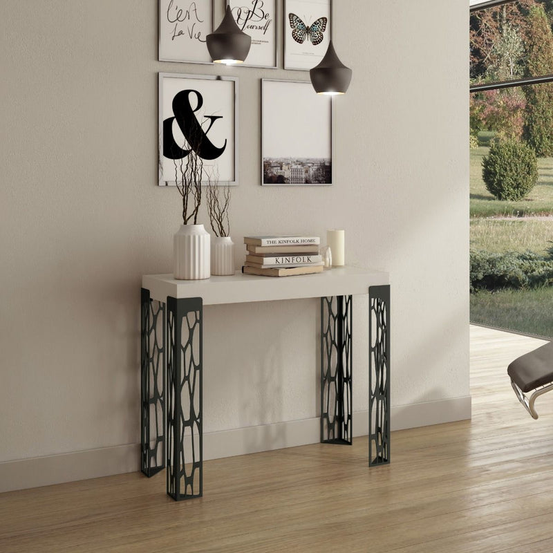 Ghibli Small - Consolle allungabile in metallo lavorato e legno bianco frassino cm 90x40/196x77h
