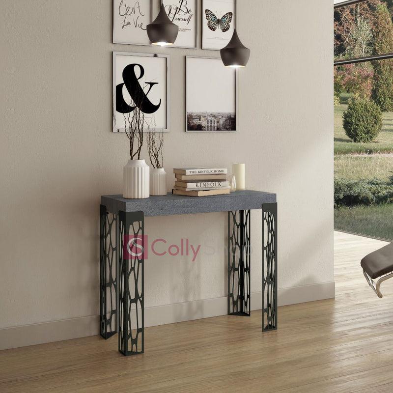 Ghibli Small - Consolle moderna allungabile metallo lavorato piano in legno cemento cm 90x40/196x77h