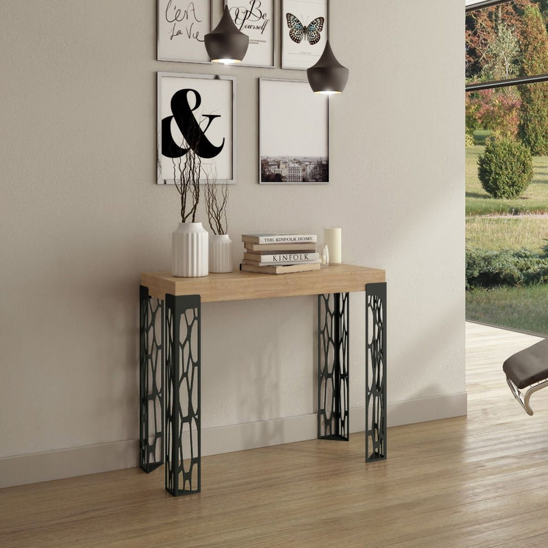 Ghibli Small - Consolle moderna allungabile metallo traforato e legno quercia natura cm 90x40/196x77h