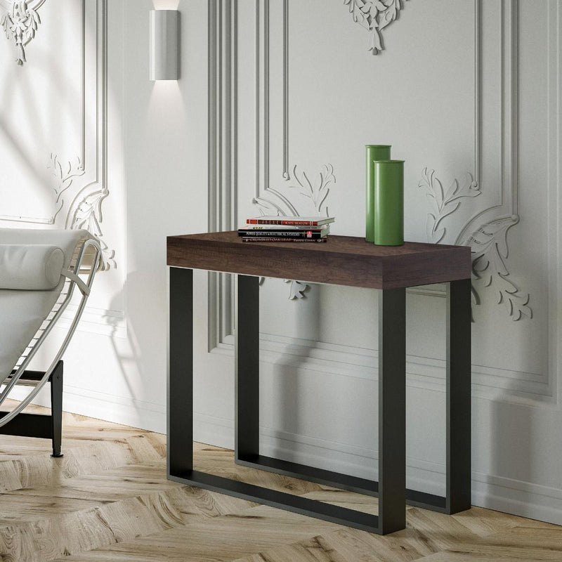 Elettra - Tavolo consolle allungabile gambe in ferro piano noce cm 90/300x40x77h