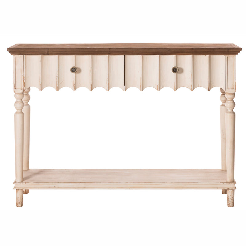 Consolle 2 cassetti in legno bianco e naturale stile country cm 125x36x88h