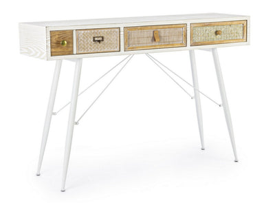 Consolle in legno e metallo bianco inserti in rattan e bambù cm 120x35x80h