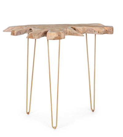 Consolle con piano in radici di teak e gambe in metallo dorato cm 100x50x90h