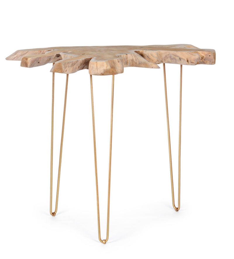 Consolle con piano in radici di teak e gambe in metallo dorato cm 100x50x90h
