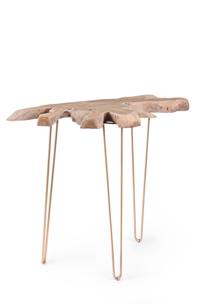 Consolle con piano in radici di teak e gambe in metallo dorato cm 100x50x90h