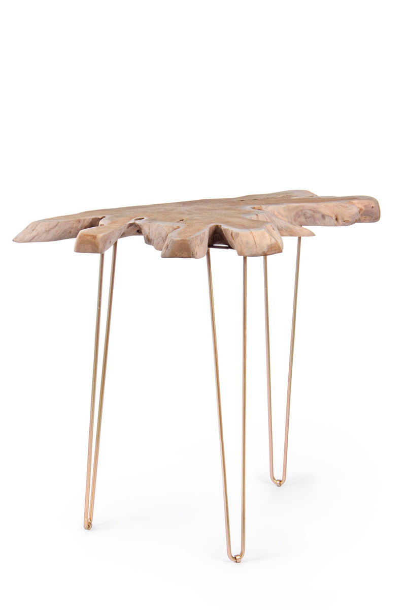 Consolle con piano in radici di teak e gambe in metallo dorato cm 100x50x90h
