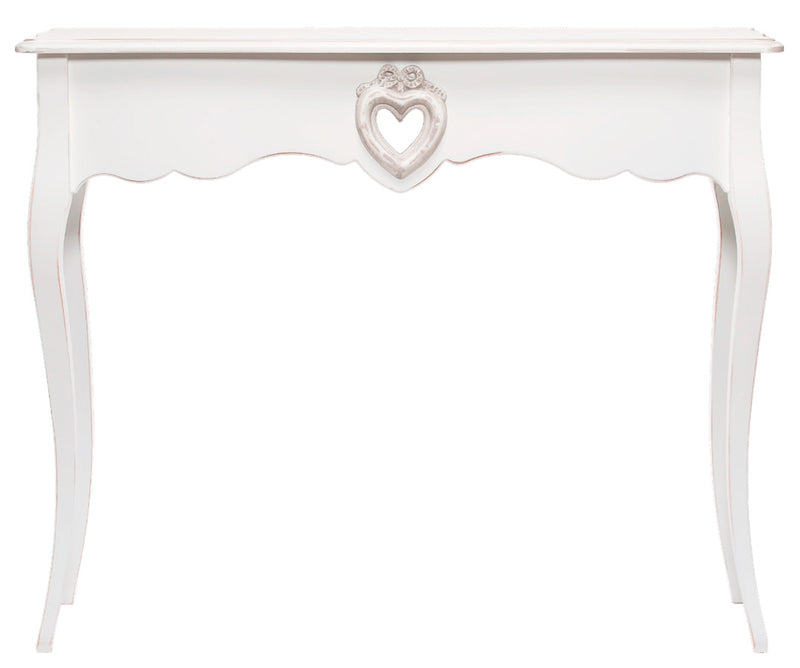 Consolle shabby da ingresso in legno bianco con cuore cm 93x33x76h