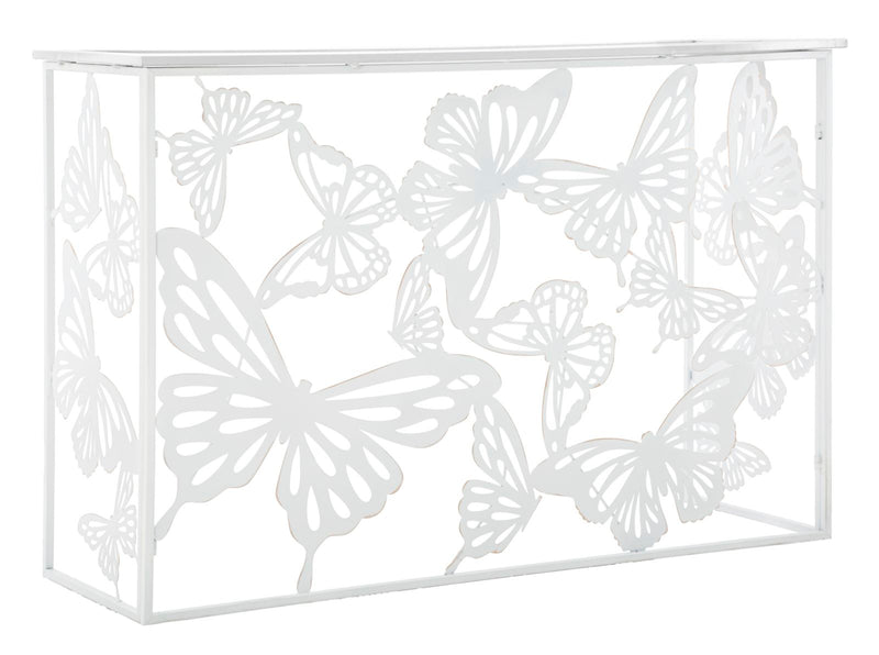 Consolle da ingresso in metallo bianco con farfalle piano con specchio cm 121x41x81h