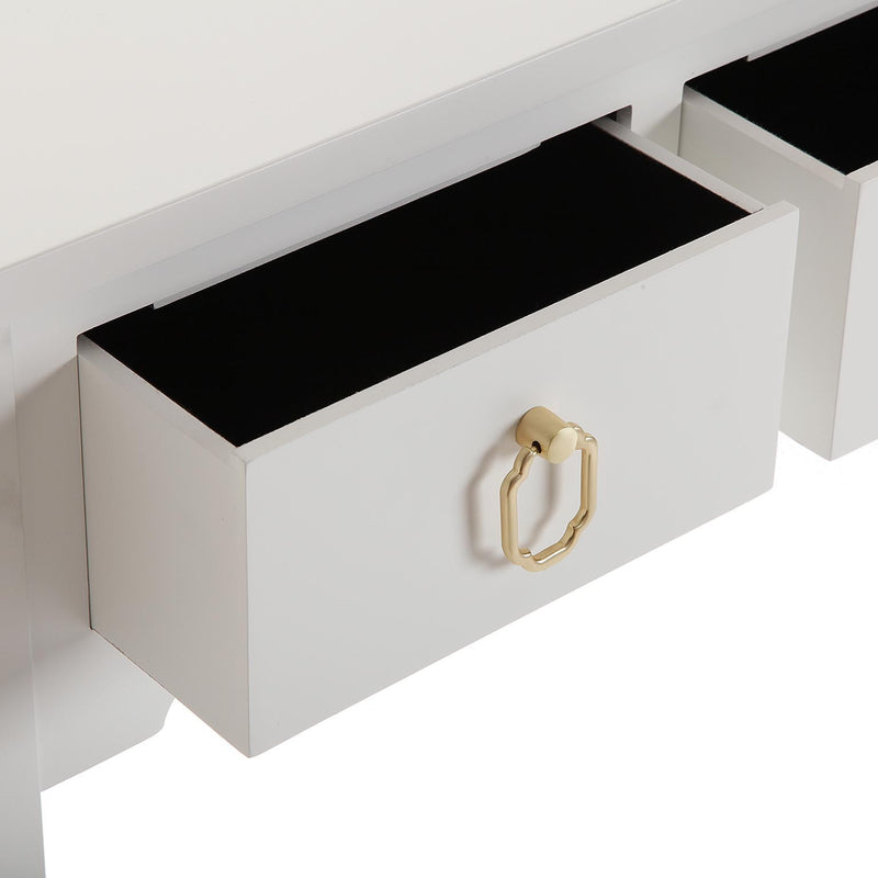 Consolle moderna 2 cassetti in legno bianco con maniglie dorate cm 78x25x78h