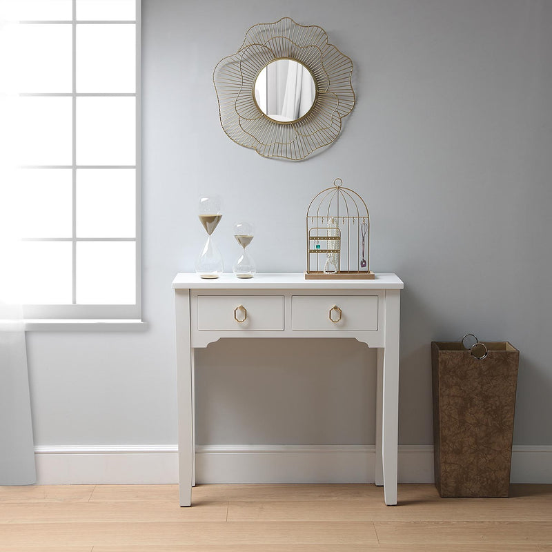 Consolle moderna 2 cassetti in legno bianco con maniglie dorate cm 78x25x78h