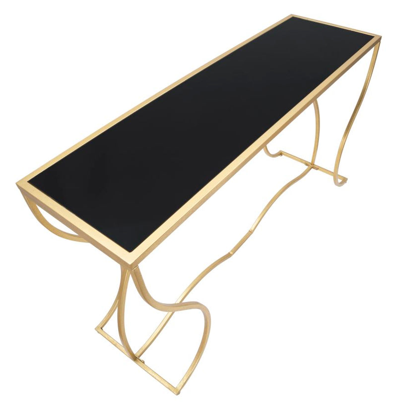 consolle da ingresso design in metallo dorato piano in vetro nero