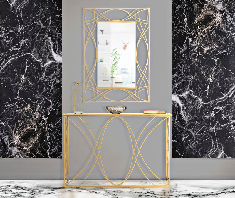 Consolle design da ingresso in metallo dorato piano con specchio cm 120x40x80h