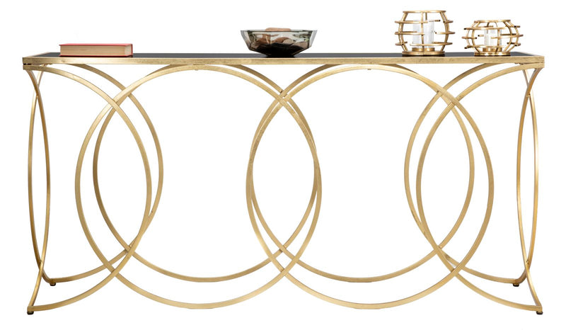 Consolle design in metallo dorato piano in vetro nero cm 160x40x79h