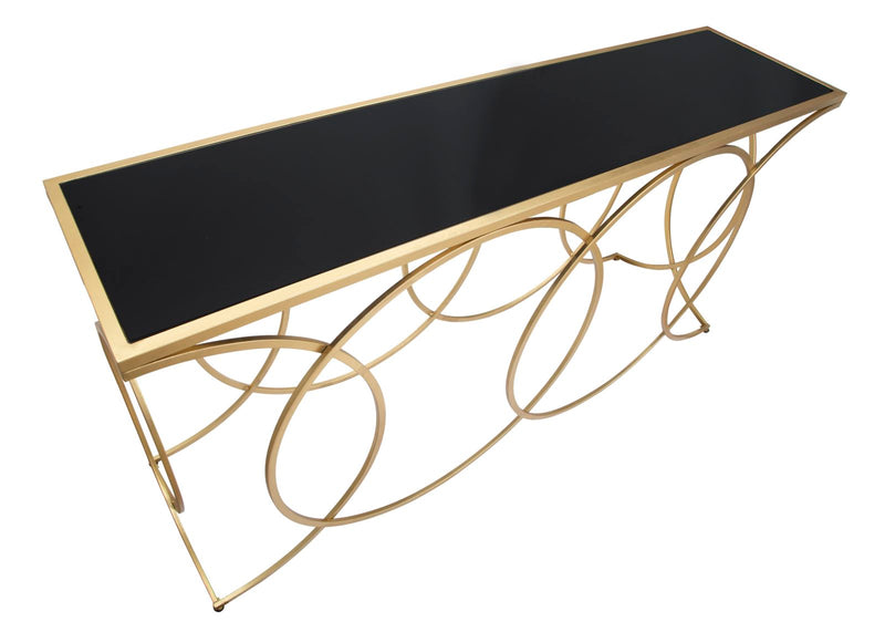 Consolle design in metallo dorato piano in vetro nero cm 160x40x79h