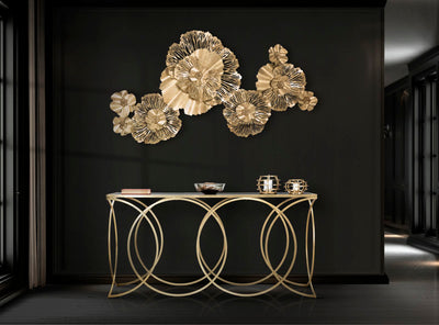 Consolle design in metallo dorato piano in vetro nero cm 160x40x79h