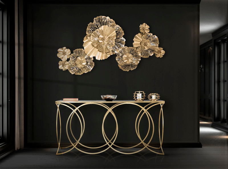 Consolle design in metallo dorato piano in vetro nero cm 160x40x79h