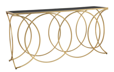 Consolle design in metallo dorato piano in vetro nero cm 160x40x79h