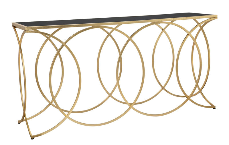 Consolle design in metallo dorato piano in vetro nero cm 160x40x79h